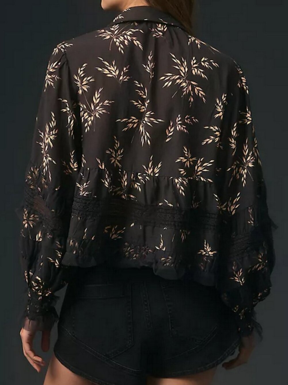 Anthropologie Black Motif V-Neck Ruffle Lace Detail Blouse - Picture 4 of 11